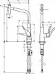 Hansgrohe Spültischmischer mit Ausziehbrause, einhebelige Bedienung und zwei Wasserstrahloptionen. Technische Zeichnung zeigt Maße und Anschlüsse.